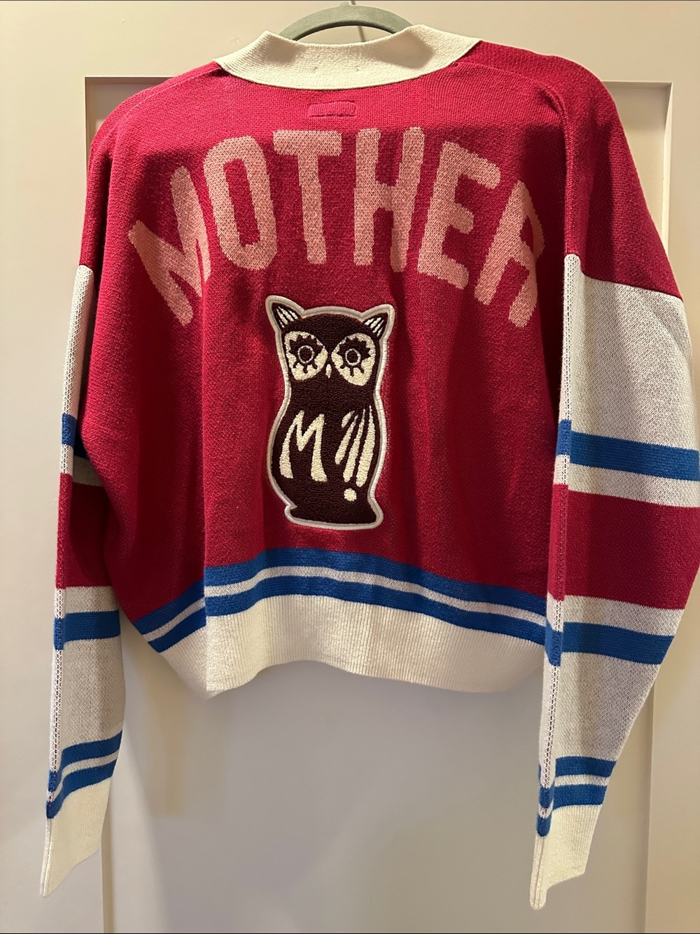 MOTHER The Boxy Raspberry pink Patchwork Embroidered Varsity Cardigan - Picture 3 of 5